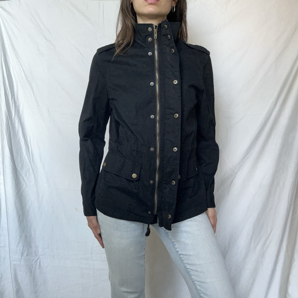 2000s Black Canvas Button Front Miltary Peplum Jacket Grunge Y2K Indie